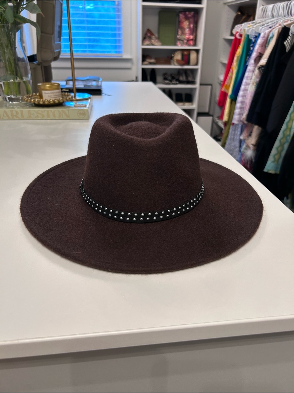 Women’s Brown Wide-Brim Felt Hat with Studded Band